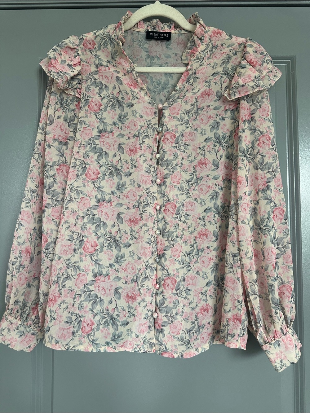 In The Style Pink Floral Ruffle-Trim Button Blouse